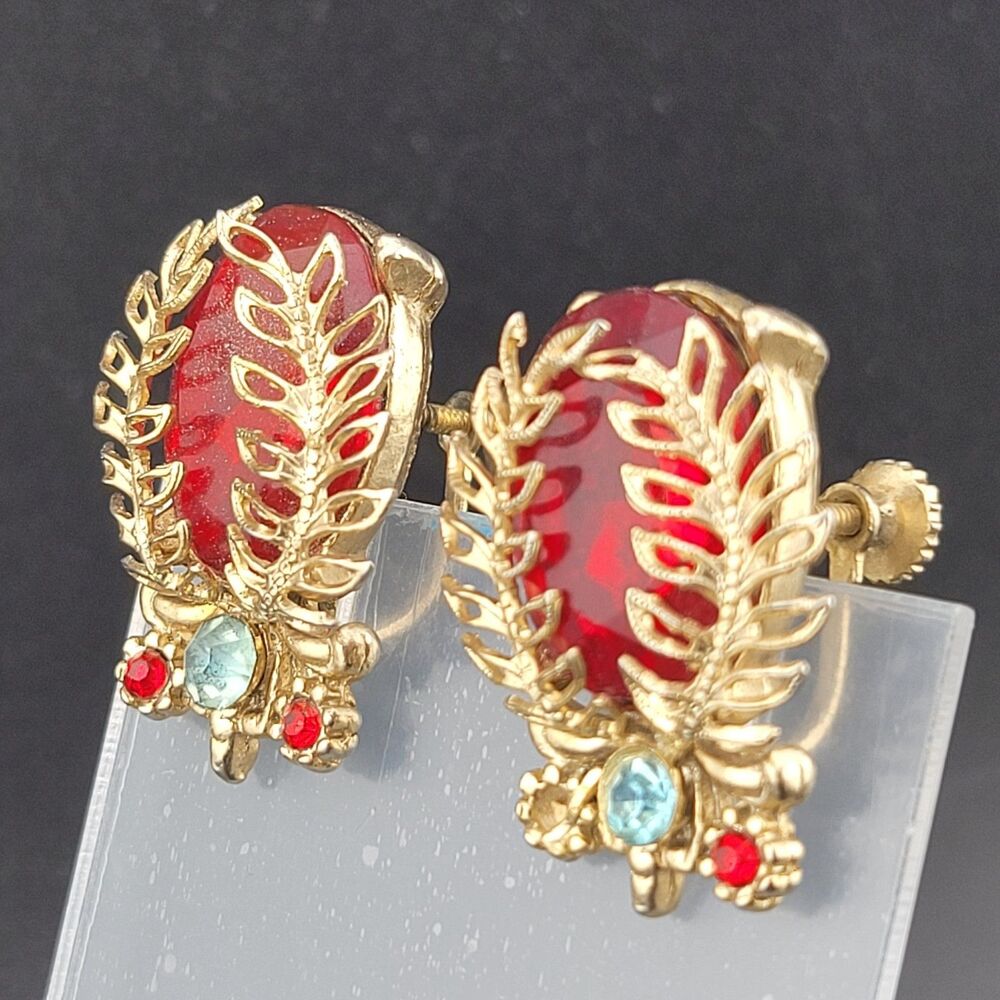 REPAIR Antique Red Rhinestone Laurel Wreath Screw Earrings